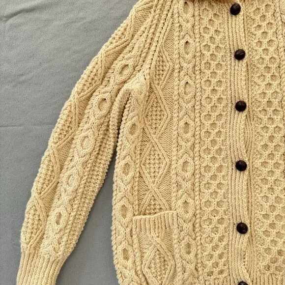 Vintage Irish Wool Sweater Hand Knit Cardigan Collar Ivory Chunky Fisherman READ - Picture 13 of 16